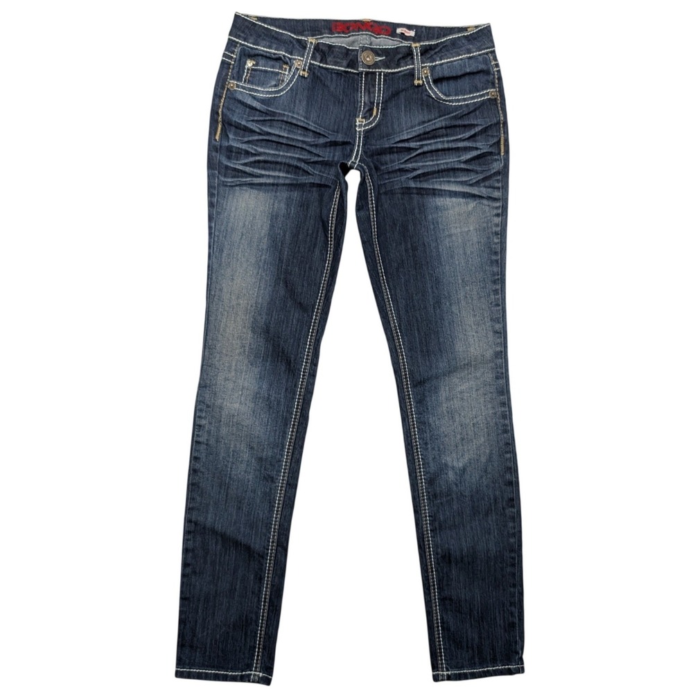 Y2K Bongo Skinny Jeans Women 11 Blue Low Rise Contrast Thick Stitch Dark Wash‎